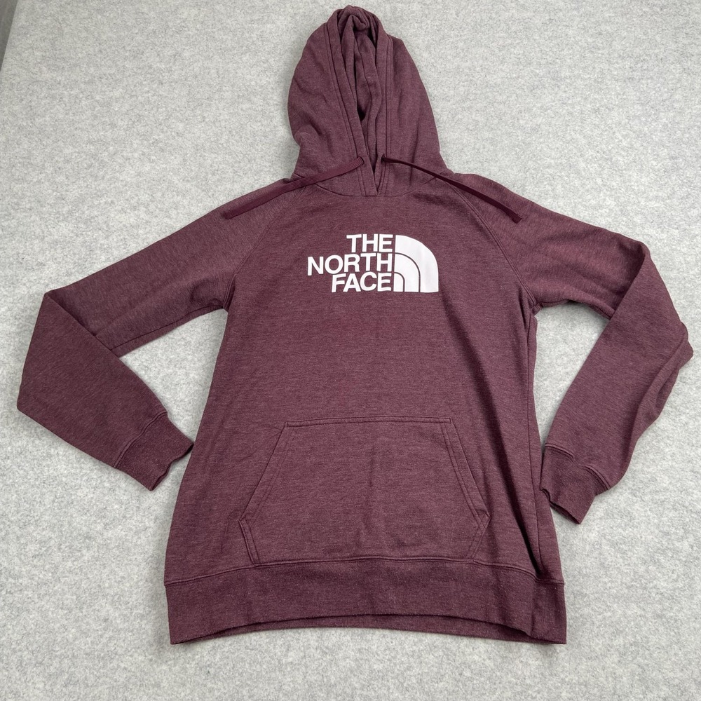 The North Face Hoodie Womens Medium Maroon Logo Pullover Fleece Kangaroo Raglan